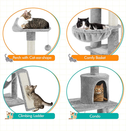 63.5In Multi-Level Cat Tree Tower Condo with Scratching Posts, Platform & Hammock, Cat Activity Center Play Furniture for Kittens, Cats, and Pets