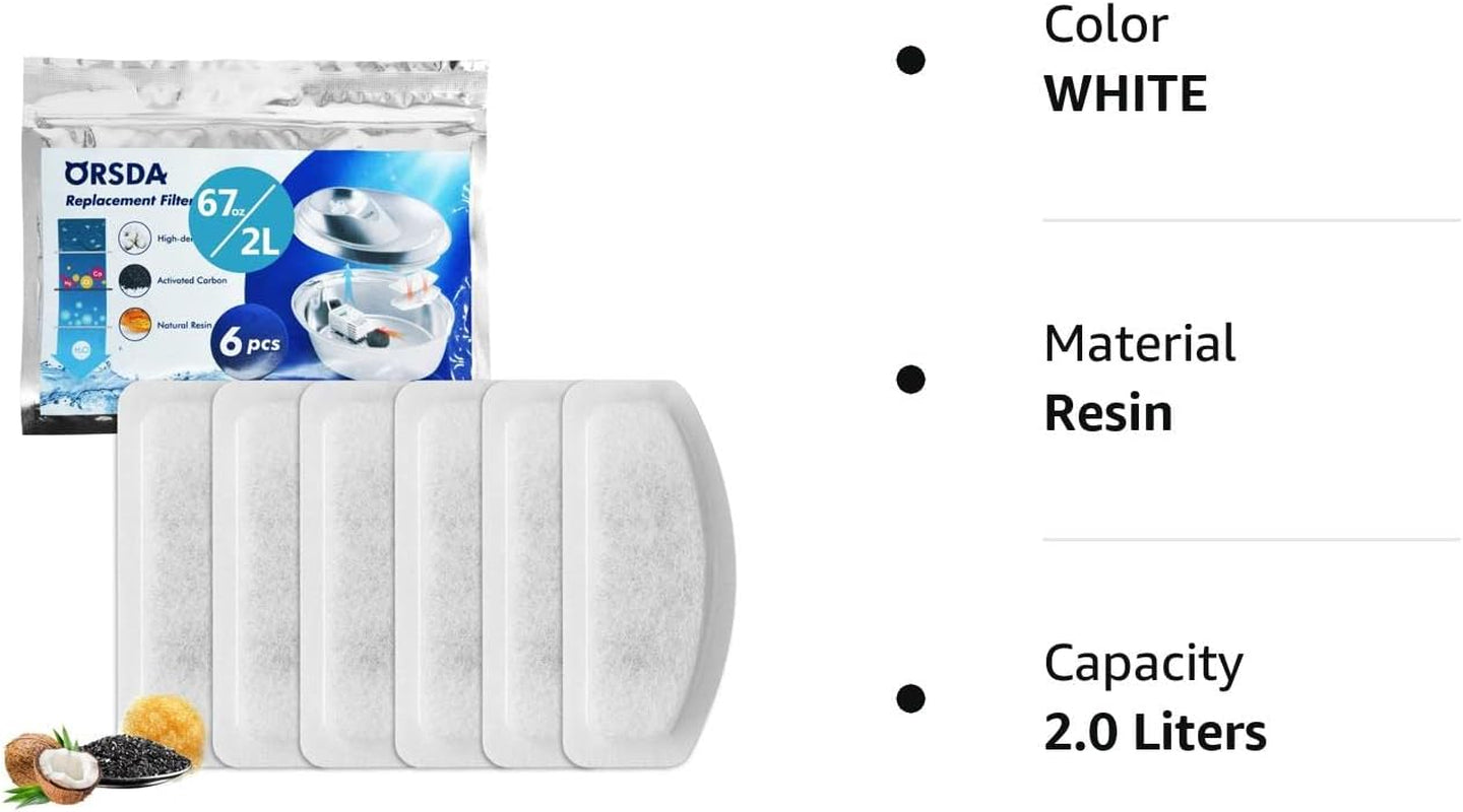 Cat Water Fountain Filters, Replacement Carbon, Resin Filters for D30 67Oz/2L Automatic Pet Fountain Cat Water Fountain Dog Water Dispenser, 3 Triple Filtration System(6Pcs 67Oz/2L Filters)